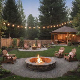 A cozy and quirky cabincore-styled backyard with kitsch-inspired fire pits arranged in a circle in landscape orientation. Emphasize on the rustic charm and aura of gathering warmth.