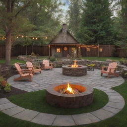 A cozy and quirky cabincore-styled backyard with kitsch-inspired fire pits arranged in a circle in landscape orientation. Emphasize on the rustic charm and aura of gathering warmth.