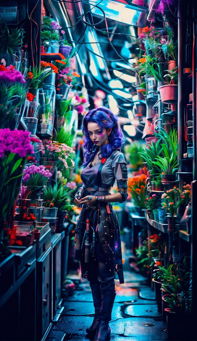 A beautiful cyborg florist with purple hair, full Cupid's bow lips, and glass arm revealing mechanical and plant innards in her small city shop welcomes a handsome cyborg man.