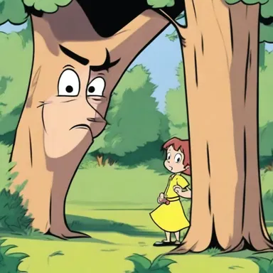 The character was ensconced behind a tree, peeking out to spy on the other characters in the cartoon.