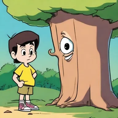 The character was ensconced behind a tree, peeking out to spy on the other characters in the cartoon.