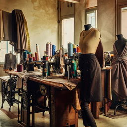 Vintage tailoring shop with wooden mannequins, assorted fabrics, antique sewing machines, and elegant tailors at work