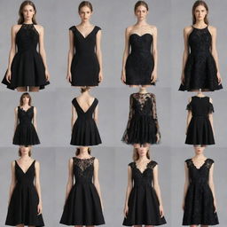 Collection of unique black dresses, each featuring different styles, cuts, and embellishments.