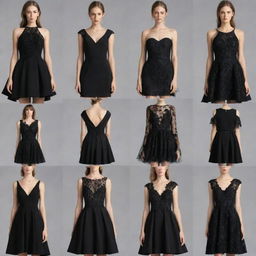 Collection of unique black dresses, each featuring different styles, cuts, and embellishments.