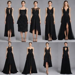 Collection of unique black dresses, each featuring different styles, cuts, and embellishments.