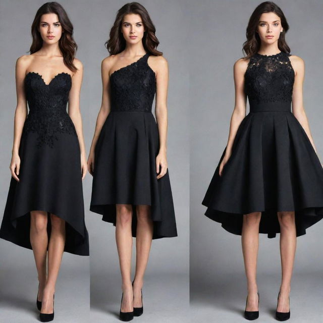 Collection of unique black dresses, each featuring different styles, cuts, and embellishments.