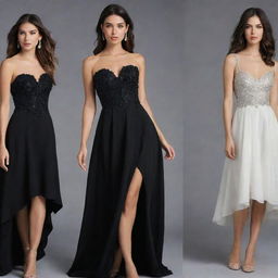 Collection of unique black dresses, each featuring different styles, cuts, and embellishments.