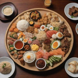 A fusion themed platter with iconic Japanese, American, and Arabic dishes tastefully arranged in one scene.