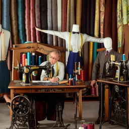 Vintage tailoring shop with wooden mannequins, assorted fabrics, antique sewing machines, and elegant tailors at work