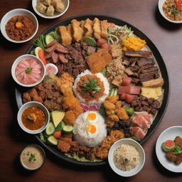 A fusion themed platter with iconic Japanese, American, and Arabic dishes tastefully arranged in one scene.