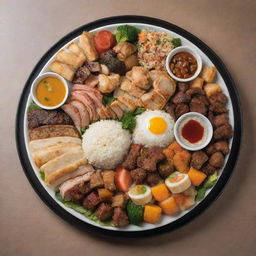 A fusion themed platter with iconic Japanese, American, and Arabic dishes tastefully arranged in one scene.