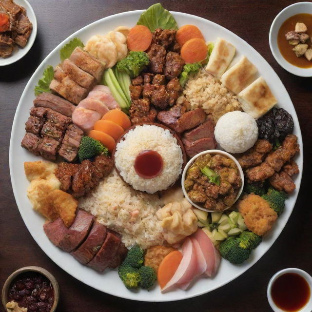 A fusion themed platter with iconic Japanese, American, and Arabic dishes tastefully arranged in one scene.