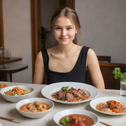 A young Russian lady sitting at a dining table, enjoying a cosmopolitan feast that incorporates elements of Japanese, American, and Arabic cuisine.