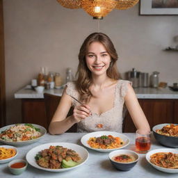 A young Russian lady sitting at a dining table, enjoying a cosmopolitan feast that incorporates elements of Japanese, American, and Arabic cuisine.