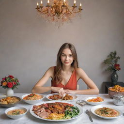 A young Russian lady sitting at a dining table, enjoying a cosmopolitan feast that incorporates elements of Japanese, American, and Arabic cuisine.