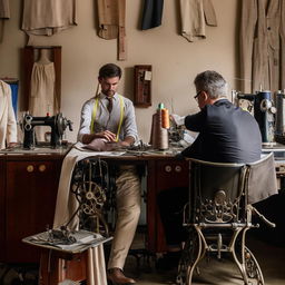 Vintage tailoring shop with wooden mannequins, assorted fabrics, antique sewing machines, and elegant tailors at work