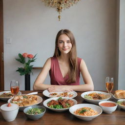 A young Russian lady sitting at a dining table, enjoying a cosmopolitan feast that incorporates elements of Japanese, American, and Arabic cuisine.