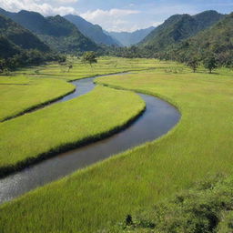 A wide, vibrant landscape of a lush padang, complete with tall, waving grass and a clear, winding river running through it under the bright, sunny sky.