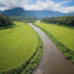 A wide, vibrant landscape of a lush padang, complete with tall, waving grass and a clear, winding river running through it under the bright, sunny sky.