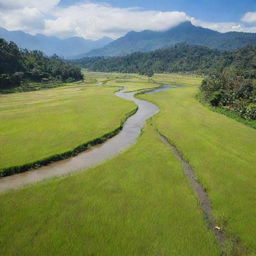 A wide, vibrant landscape of a lush padang, complete with tall, waving grass and a clear, winding river running through it under the bright, sunny sky.