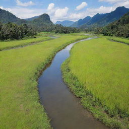 A wide, vibrant landscape of a lush padang, complete with tall, waving grass and a clear, winding river running through it under the bright, sunny sky.