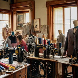 Vintage tailoring shop with wooden mannequins, assorted fabrics, antique sewing machines, and elegant tailors at work