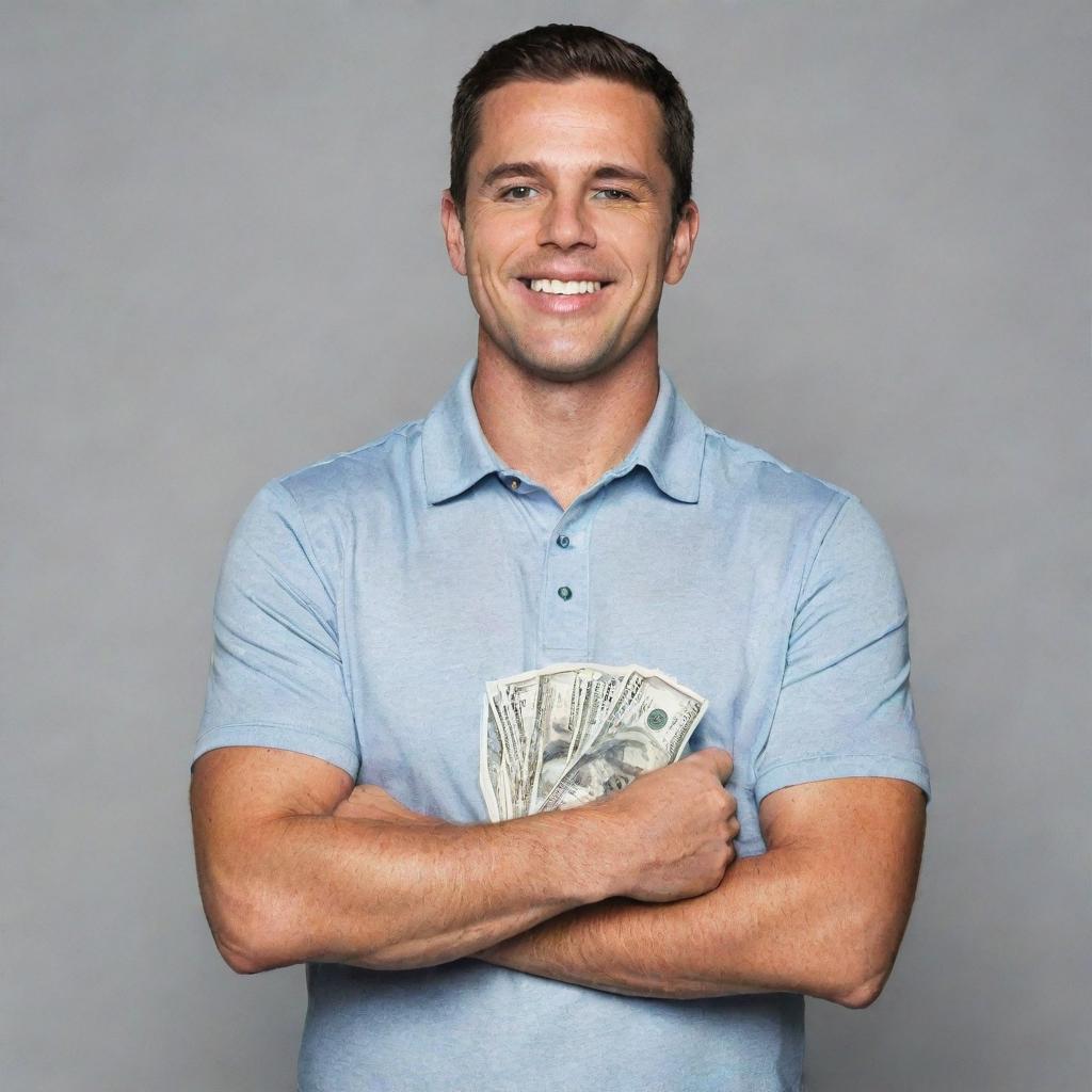 A confident man standing proudly, holding a bundle of 1000 US dollars cash in his hand.