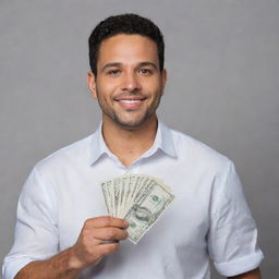 A confident man standing proudly, holding a bundle of 1000 US dollars cash in his hand.