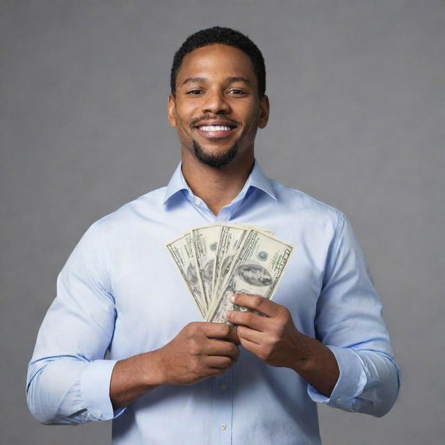 A confident man standing proudly, holding a bundle of 1000 US dollars cash in his hand.