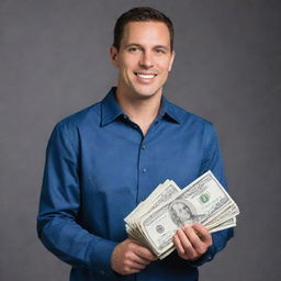 A confident man standing proudly, holding a bundle of 1000 US dollars cash in his hand.