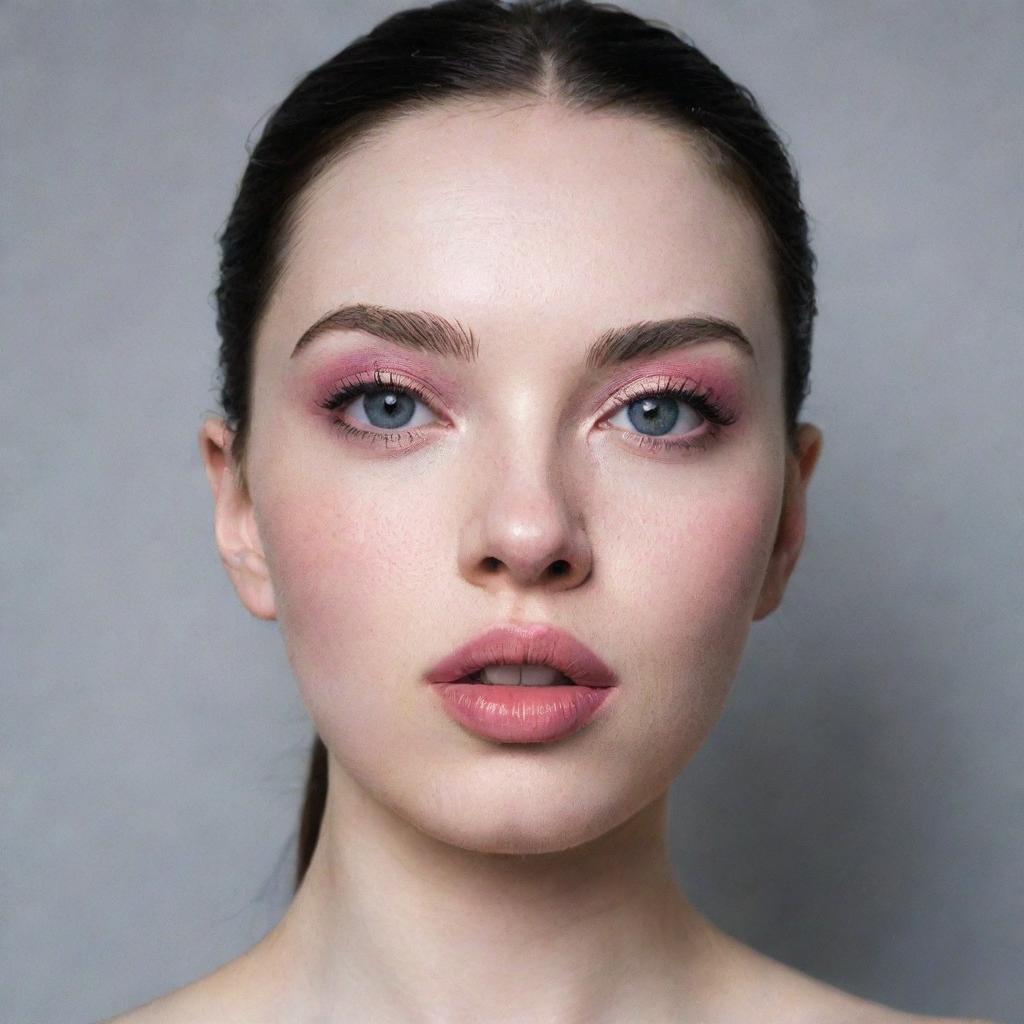 A girl with a round face and white skin, dark eyes, big pale pink lips with the lower lip larger than the upper one, a round nose, wide eyebrows, and a beautiful, athletic body.