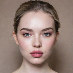 A girl with a round face and white skin, dark eyes, big pale pink lips with the lower lip larger than the upper one, a round nose, wide eyebrows, and a beautiful, athletic body.