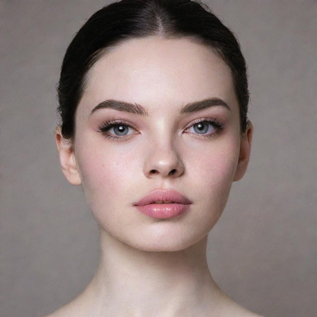 A girl with a round face and white skin, dark eyes, big pale pink lips with the lower lip larger than the upper one, a round nose, wide eyebrows, and a beautiful, athletic body.