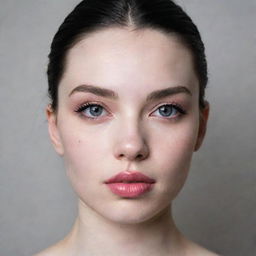 A girl with a round face and white skin, dark eyes, big pale pink lips with the lower lip larger than the upper one, a round nose, wide eyebrows, and a beautiful, athletic body.