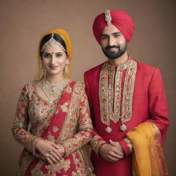 A traditional Punjabi couple in vibrant attire, gracefully posing for a portrait