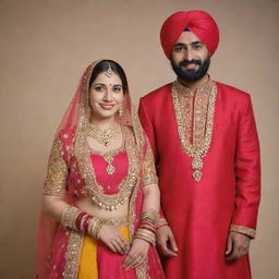 A traditional Punjabi couple in vibrant attire, gracefully posing for a portrait