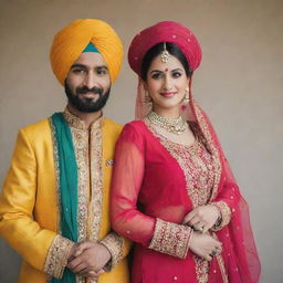 A traditional Punjabi couple in vibrant attire, gracefully posing for a portrait