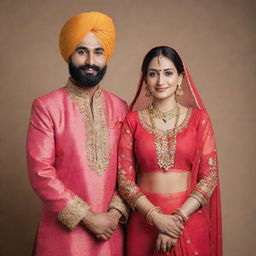 A traditional Punjabi couple in vibrant attire, gracefully posing for a portrait