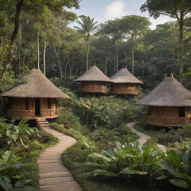 Six unique huts, each inspired by Chinese, Egyptian, and European architecture, positioned amongst lush tropical forest pathways.