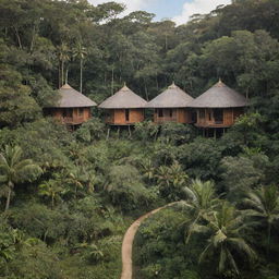 Six unique huts, each inspired by Chinese, Egyptian, and European architecture, positioned amongst lush tropical forest pathways.