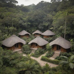 Six unique huts, each inspired by Chinese, Egyptian, and European architecture, positioned amongst lush tropical forest pathways.