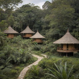 Six unique huts, each inspired by Chinese, Egyptian, and European architecture, positioned amongst lush tropical forest pathways.