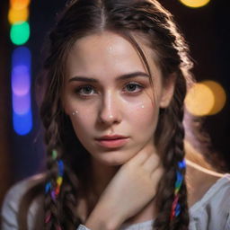 A beautiful, melancholic girl with very long hair braiding it as tears fall from her eyes, enhance with an ethereal ambience of colored lights surrounding her.