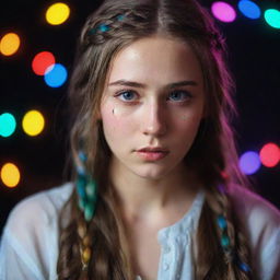 A beautiful, melancholic girl with very long hair braiding it as tears fall from her eyes, enhance with an ethereal ambience of colored lights surrounding her.