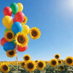 Generate a vibrant, joyful backdrop full of vivid colors, balloons, sunflowers, and a bright sun illuminating a clear blue sky.