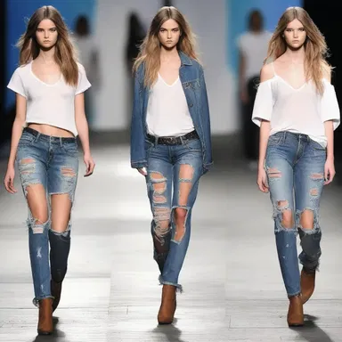 The model walked down the runway wearing a pair of busted jeans, creating a rugged and edgy look.