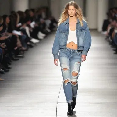 The model walked down the runway wearing a pair of busted jeans, creating a rugged and edgy look.