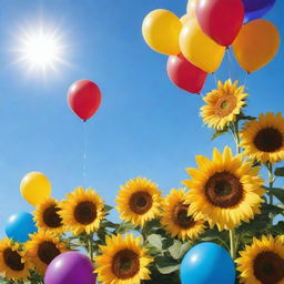 Generate a vibrant, joyful backdrop full of vivid colors, balloons, sunflowers, and a bright sun illuminating a clear blue sky.