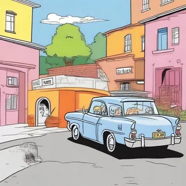 In the cartoon, the character's car always ends up getting busted in the most comical and unexpected ways.