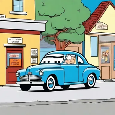 In the cartoon, the character's car always ends up getting busted in the most comical and unexpected ways.